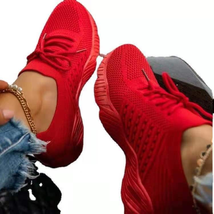 Tennis Female Fashion Women Large Size Platform Solid Color Lace-up Flying Knitted Sneakers Outdoor Walking Shoes