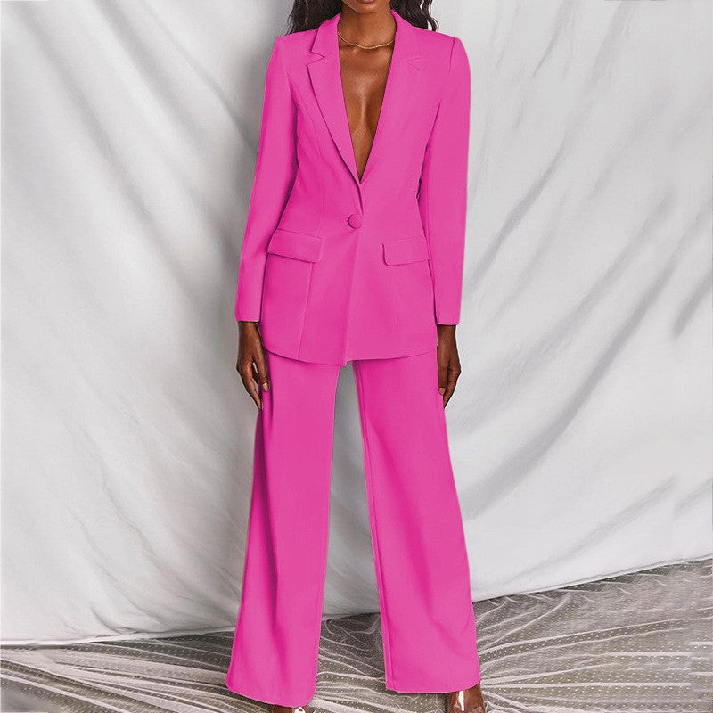 2pcs Casual Suit Lapel Button-down Blazer Jacket And Straight-leg Pants Office Commuting Business Trousers Set Clothing