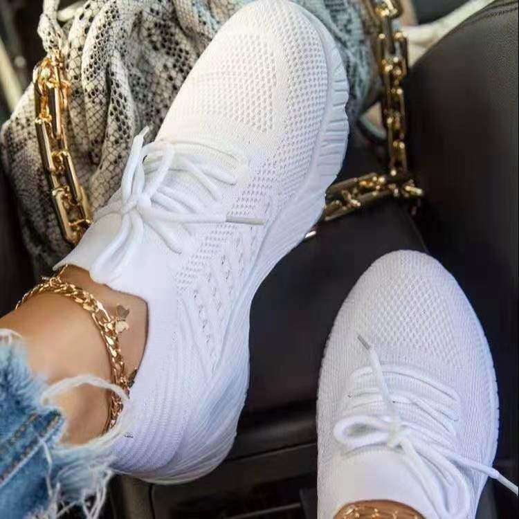 Tennis Female Fashion Women Large Size Platform Solid Color Lace-up Flying Knitted Sneakers Outdoor Walking Shoes