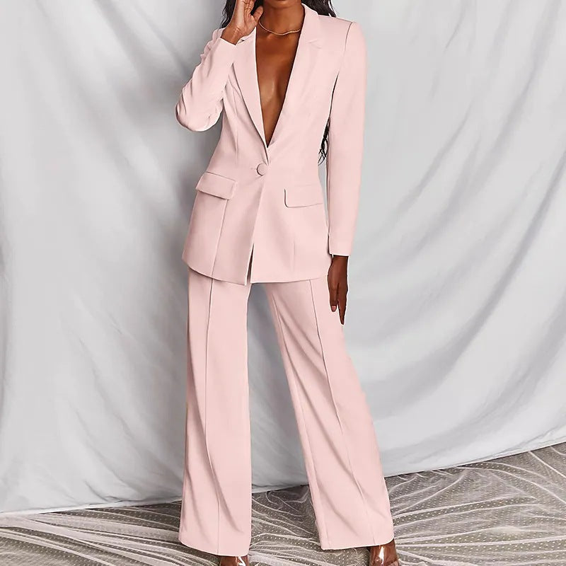 2pcs Casual Suit Lapel Button-down Blazer Jacket And Straight-leg Pants Office Commuting Business Trousers Set Clothing