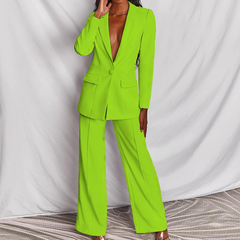 2pcs Casual Suit Lapel Button-down Blazer Jacket And Straight-leg Pants Office Commuting Business Trousers Set Clothing