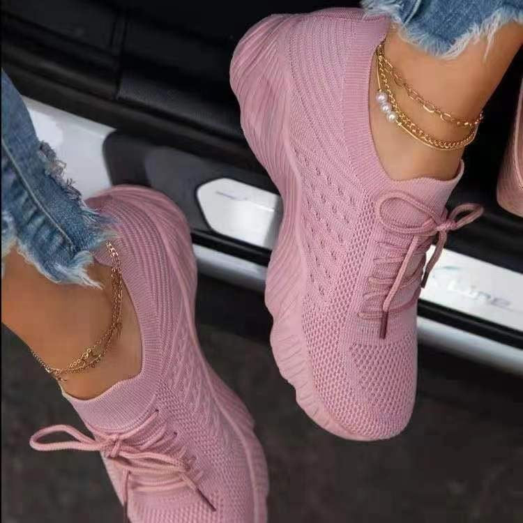 Tennis Female Fashion Women Large Size Platform Solid Color Lace-up Flying Knitted Sneakers Outdoor Walking Shoes