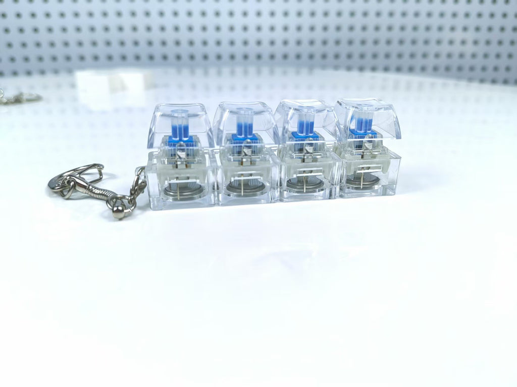 4Keys Mechanical Keyboard Electronic Luminous Transparent Crystal Height Pressure Reduction Finger Button Anti Stress Keycap Toy Schoolbag Pendant Keychain Decompression Clicker Gadget Gift
