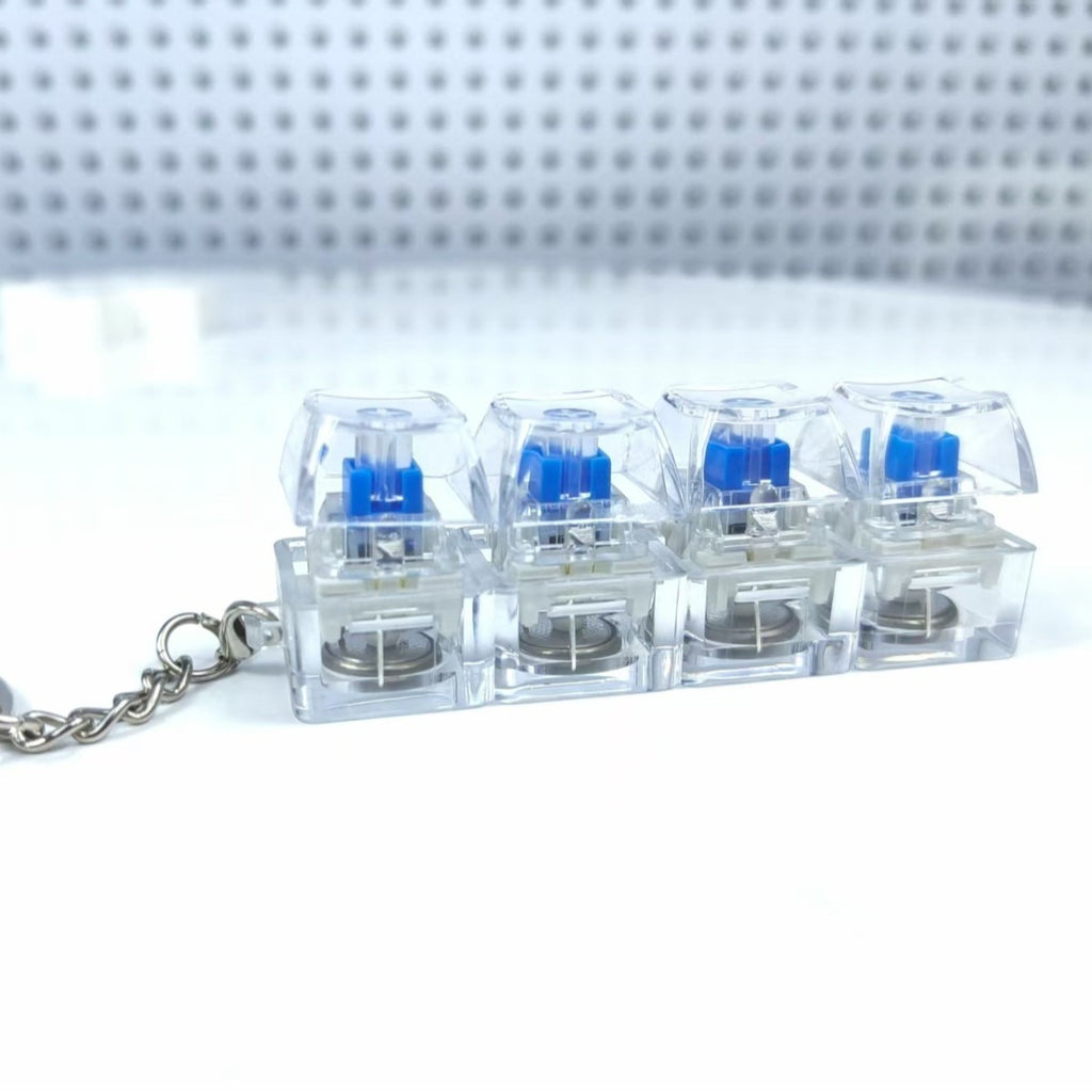 4Keys Mechanical Keyboard Electronic Luminous Transparent Crystal Height Pressure Reduction Finger Button Anti Stress Keycap Toy Schoolbag Pendant Keychain Decompression Clicker Gadget Gift