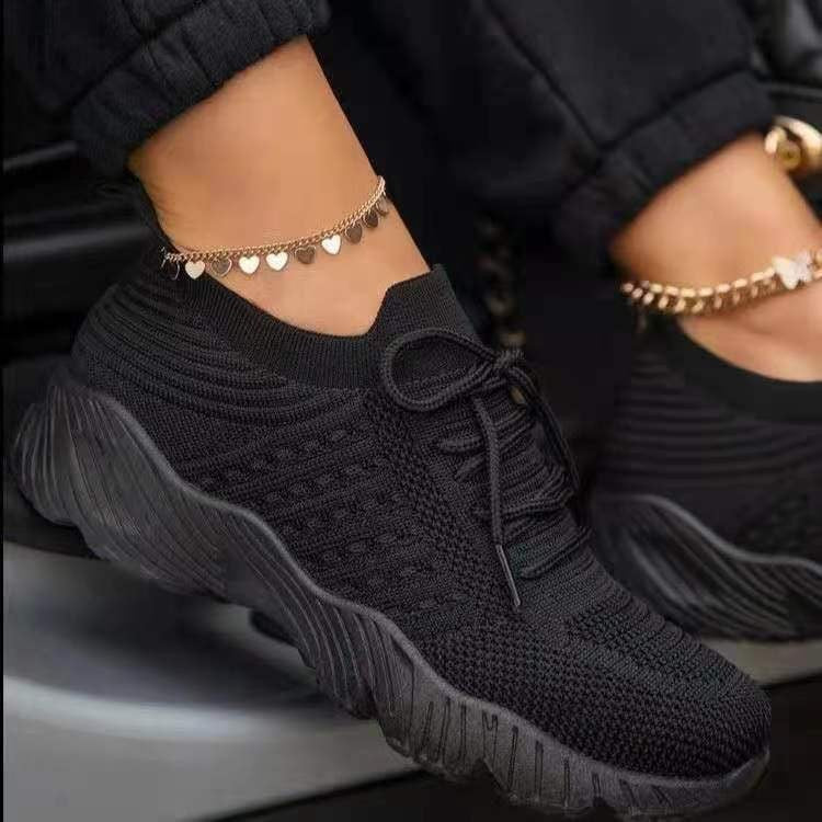 Tennis Female Fashion Women Large Size Platform Solid Color Lace-up Flying Knitted Sneakers Outdoor Walking Shoes