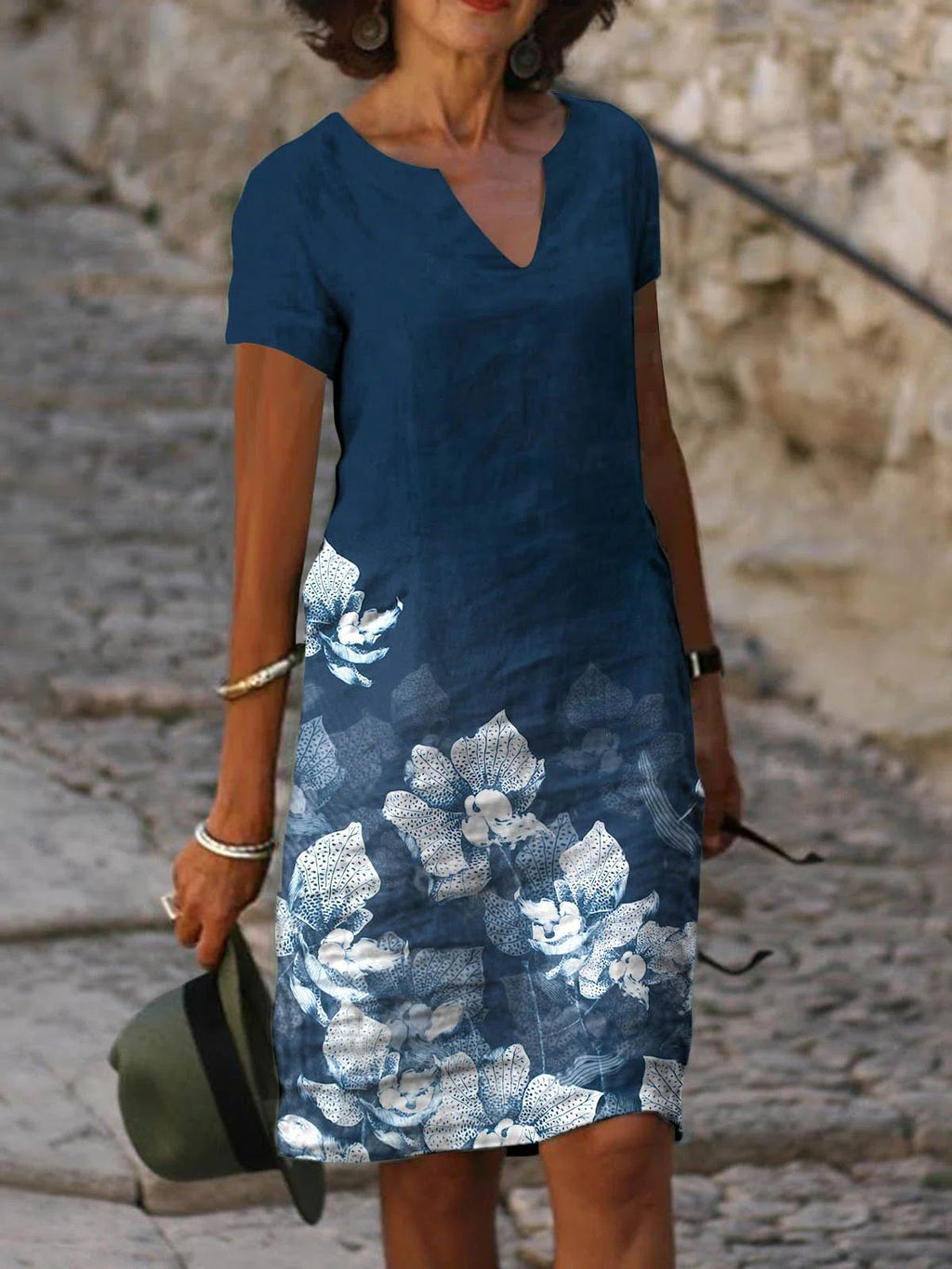 Women's Floral Printed Cotton And Linen Short-Sleeved V-Neck Mid-Length Dress