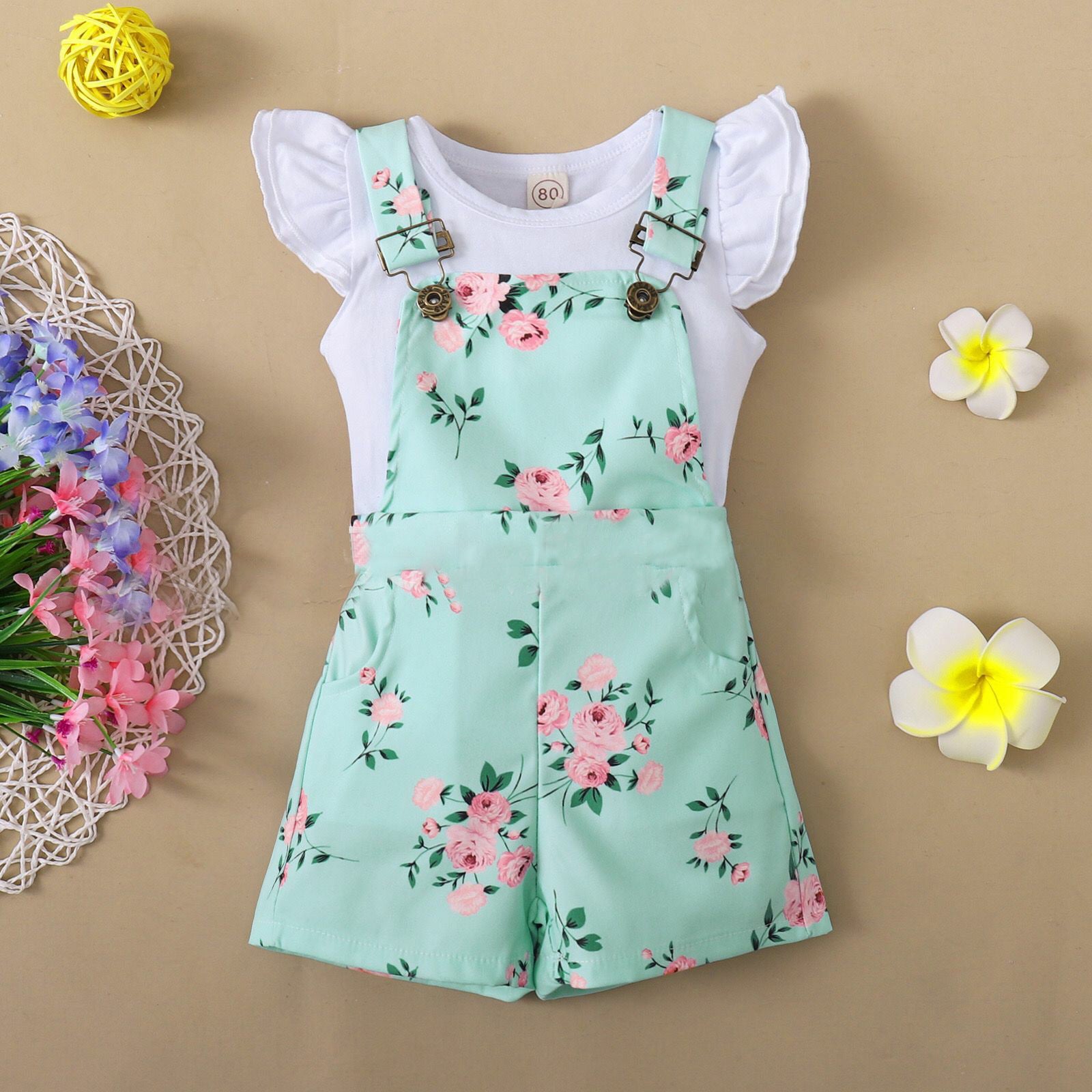 Short Sleeve Flounced Sleeve T-shirt Floral Suspender Pants Suit
