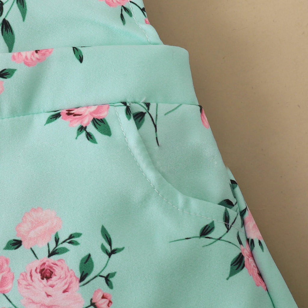 Short Sleeve Flounced Sleeve T-shirt Floral Suspender Pants Suit